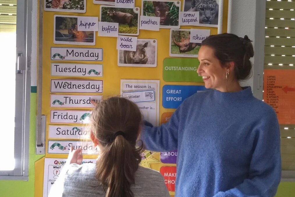 A teacher teaching a student English in the classroom